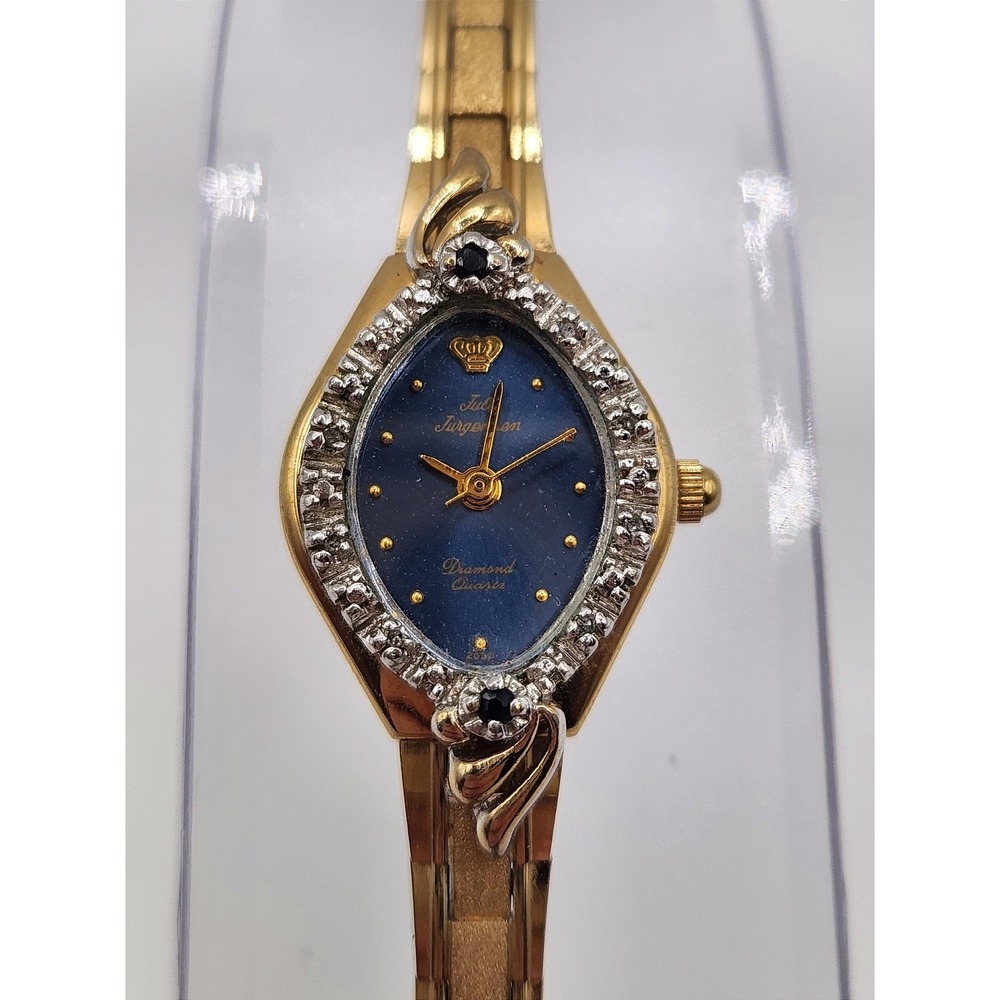 Jules Jurgensen Watch Gold Tone Link Band Diamond Quartz Marquise Blue Sapphire